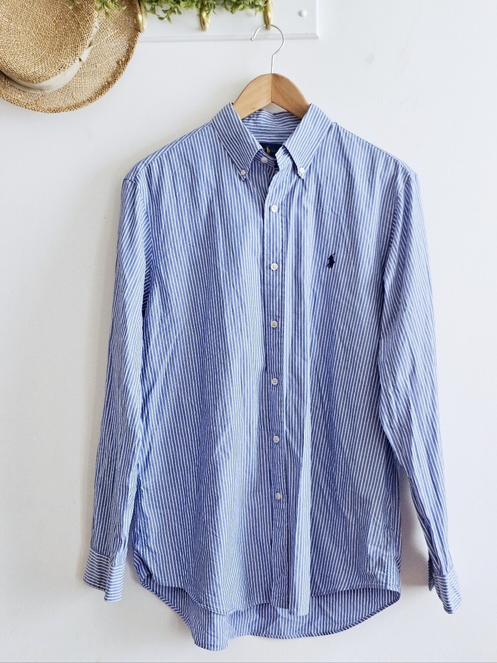 Ralph Lauren Men’s Classic Fit Blue White Striped Cotton Button Down Shirt L